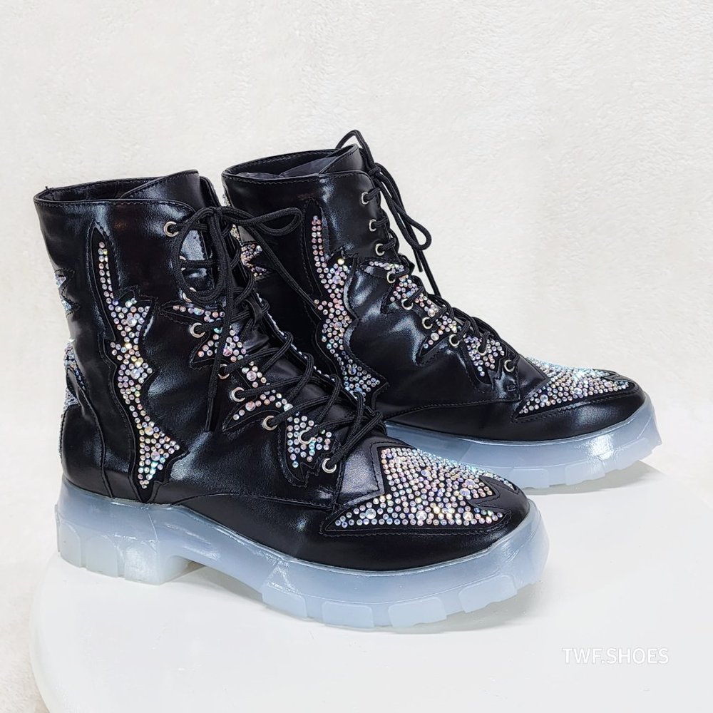 Aces Rhinestone Combat Boots Punk Goth Glam Shoes Last Ones - Picture 6 of 10